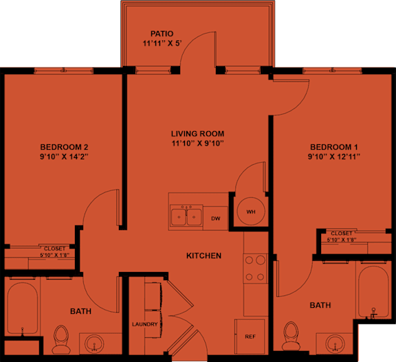 Two bedroom floor plan with dual bathrooms and patio at Matador Apartments, Texas, 78745