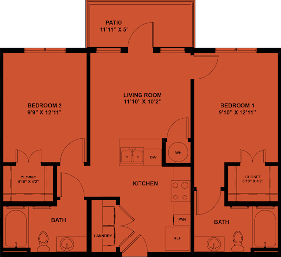 Two bedroom two bathroom apartment floor plan 4 at Matador Apartments, Austin, TX 78745