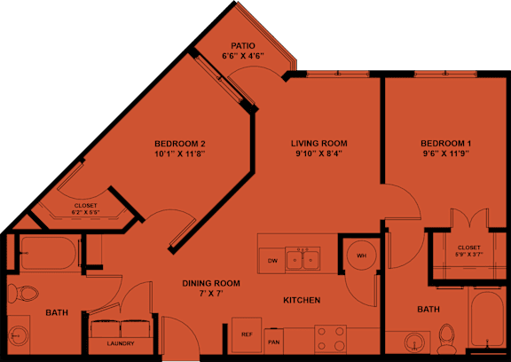 Two bedroom two bathroom apartment floor plan at Matador Apartments, Austin, 78745