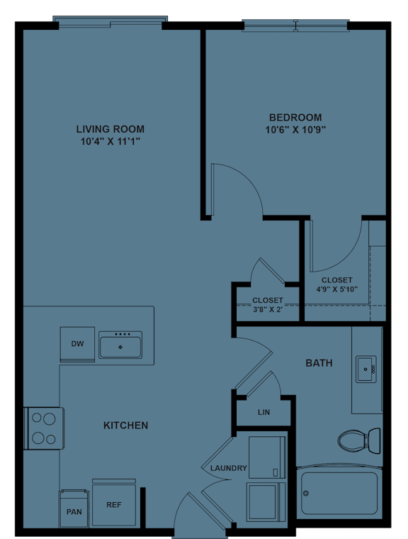 A floor plan of a small apartment with a living room, bedroom, kitchen, and bathroom.