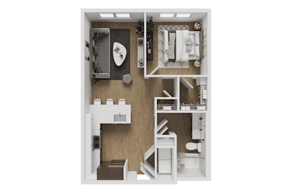 A small, neatly organized apartment with a bedroom, living room, and kitchen.