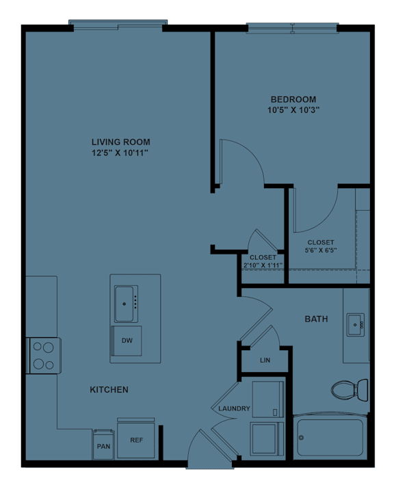 A floor plan of a small apartment with a living room, kitchen, bath, and bedroom.