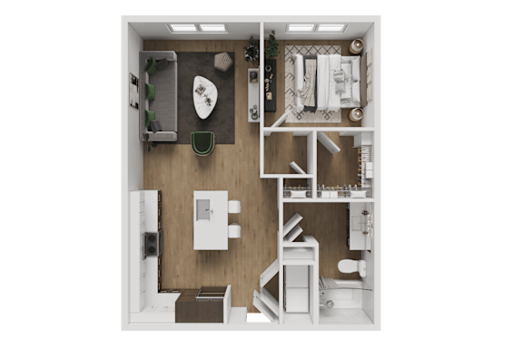 A small, neatly organized room with a bed, desk, and a green chair.