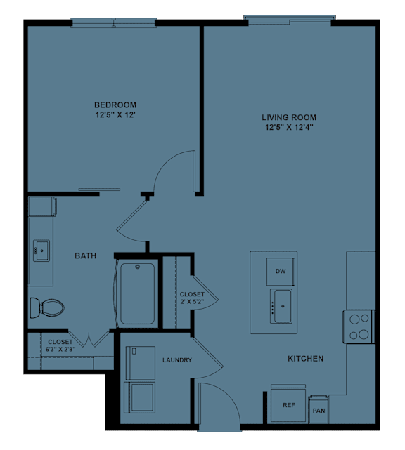 A floor plan of a small apartment with a bedroom, living room, kitchen, bathroom, and laundry area.