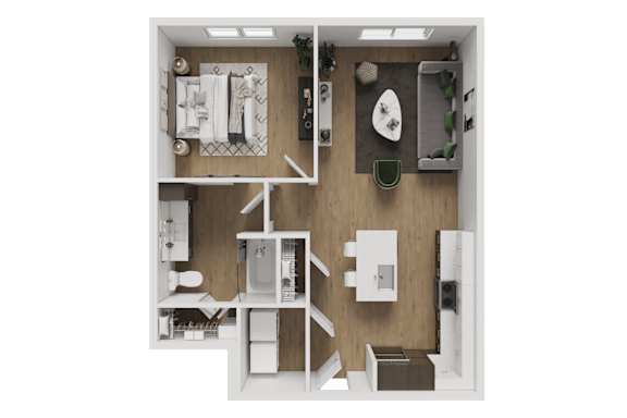 A top-down view of a small apartment with a kitchen, living room, and bathroom.