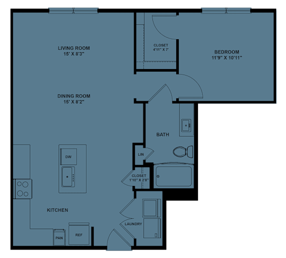 A floor plan of a small apartment with a living room, dining room, kitchen, and two bedrooms.
