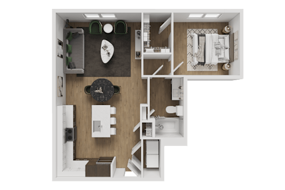 A top-down view of a small apartment with a kitchen, living room, and bathroom.