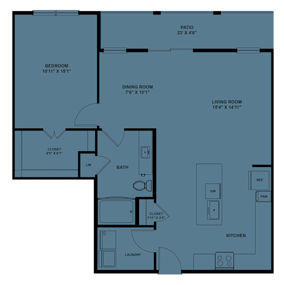 A floor plan of a house with a bedroom, living room, kitchen, and bathroom.