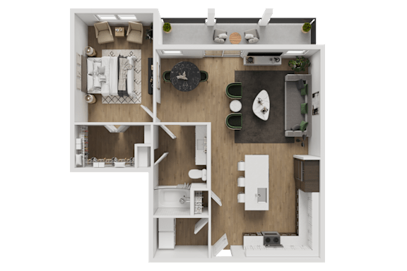 A top-down view of a small apartment with a kitchen, living room, and bathroom.