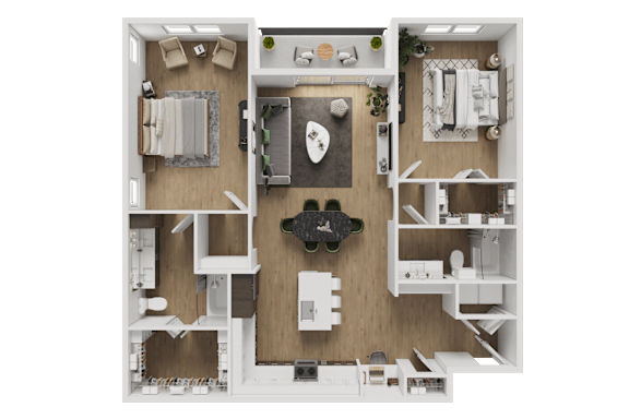 A top-down view of a small apartment with a living room, kitchen, and bedroom.