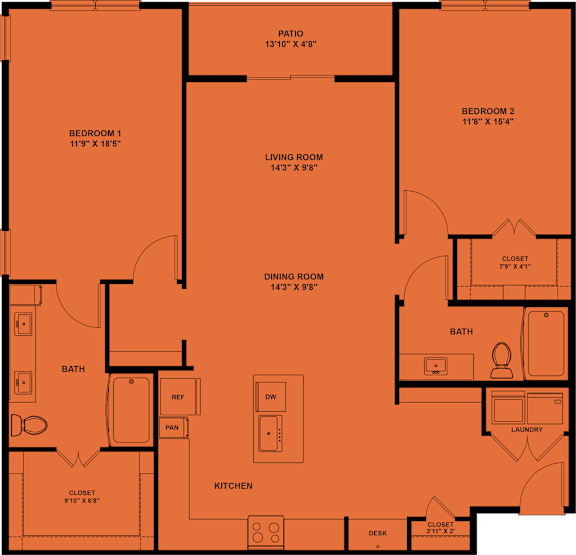A floor plan of a house with a living room, two bedrooms, a dining room, a kitchen, and a bathroom.