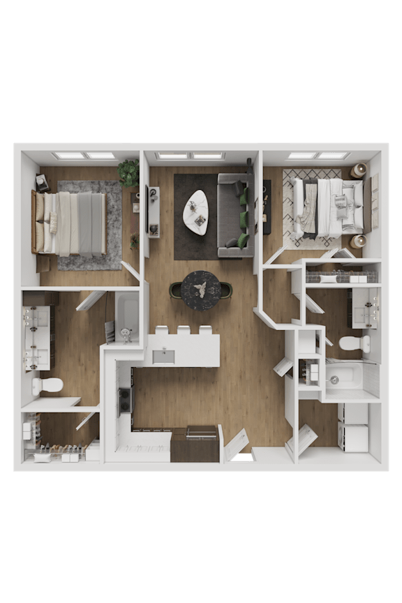 A detailed 3D floor plan of a small apartment layout.