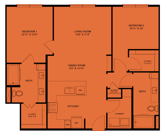 A floor plan of a house with two bedrooms, a living room, a dining room, a kitchen, a bathroom, and a laundry area.