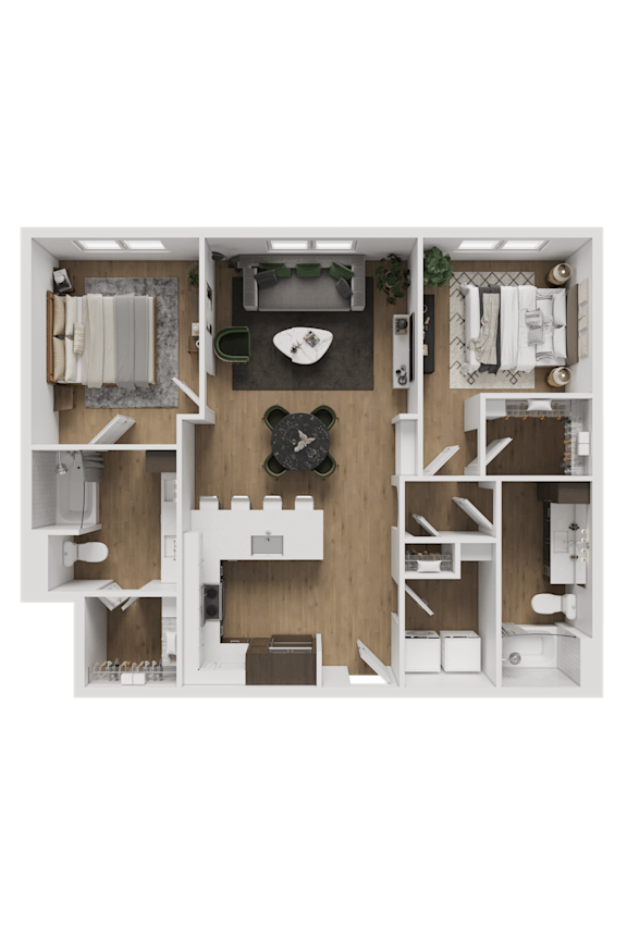 A top-down view of a well-organized apartment layout.