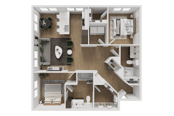 A top-down view of a small apartment with a kitchen, living room, and bathroom.