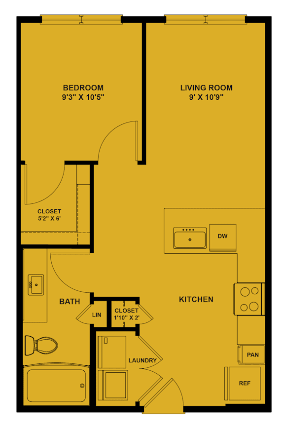 A floor plan of a small apartment with a bedroom, living room, kitchen, bathroom, and laundry area.