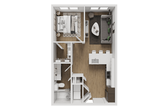 A top-down view of a small, well-organized apartment with a kitchen, bathroom, and living area.