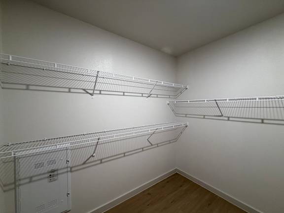 Empty walk-in closet with shelves and a white cabinet.