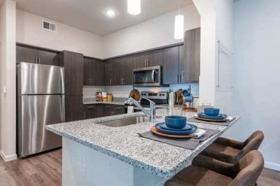 Kitchen counter at Bridge at Paloma Apartments, Austin, 78754