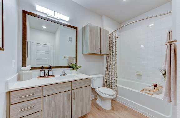 Bathroom with wood grain vanity and tub shower combo at Matador Apartments, Austin