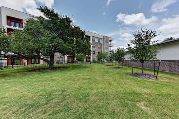 A grassy area in front of a building with trees and a fence.