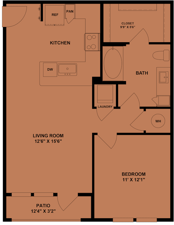 A floor plan of a house with a living room, kitchen, bathroom, bedroom, and laundry area.