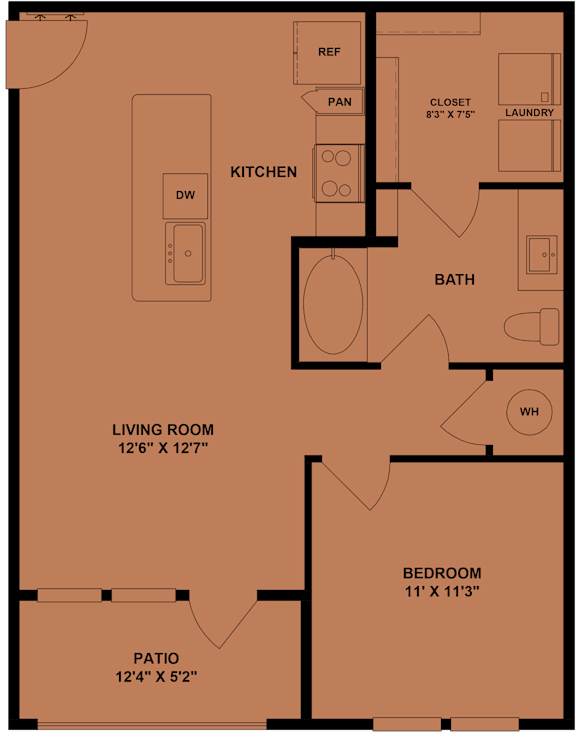 A floor plan of a home with a living room, kitchen, bathroom, bedroom, and patio.