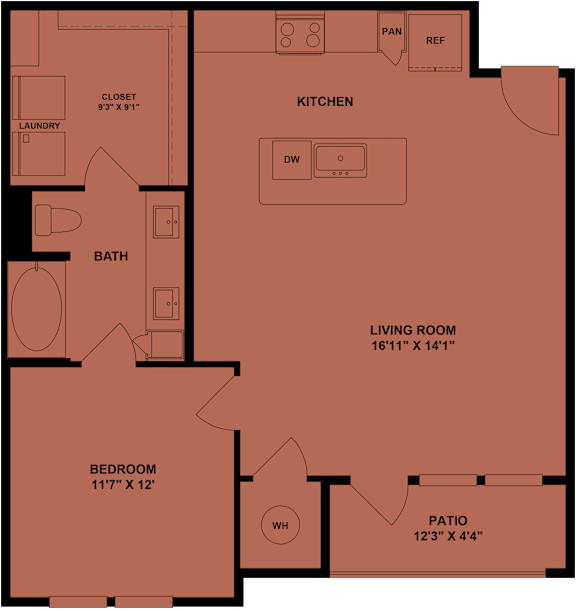 A floor plan of a house showing a living room, kitchen, bedroom, bathroom, and closet.