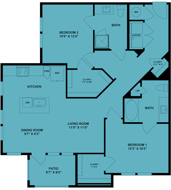A blueprint of a house layout with labeled rooms and dimensions.