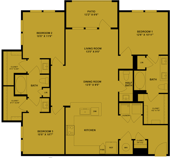 A yellow floor plan of a house with labeled rooms and dimensions.