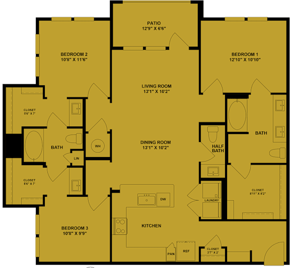A yellow floor plan of a house with labeled rooms and dimensions.