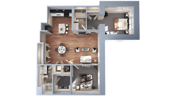 A 3D floor plan of a house with a kitchen, living room, and two bedrooms.
