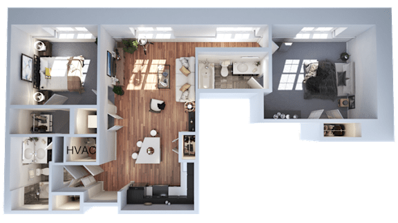 A 3D floor plan of a house with a kitchen, living room, and two bedrooms.