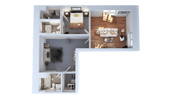 A top-down view of a small apartment with a kitchen, living room, and bathroom.