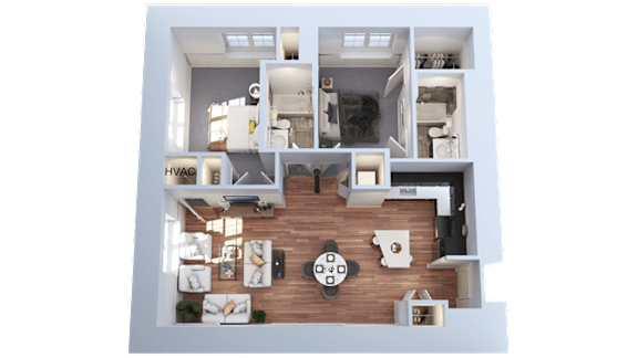 A top-down view of a modern apartment layout.