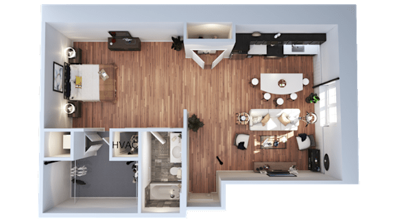 A top-down view of a modern apartment with a kitchen, living room, and bathroom.