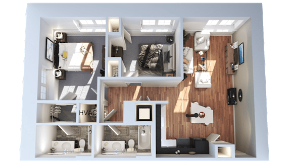 A 3D floor plan of a small apartment with a kitchen, living room, and bedroom.