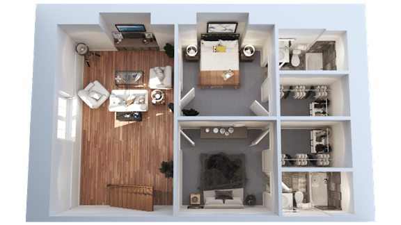 A dollhouse with a living room, kitchen, and dining room.