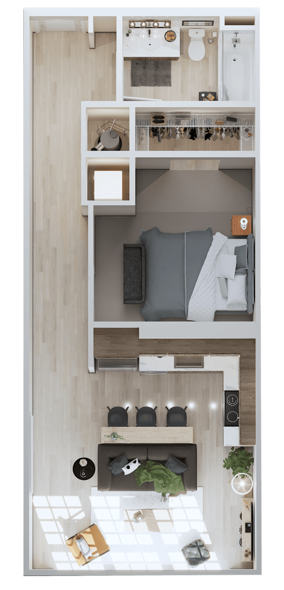 A top-down view of a small apartment with a bed, a desk, and a kitchenette.
