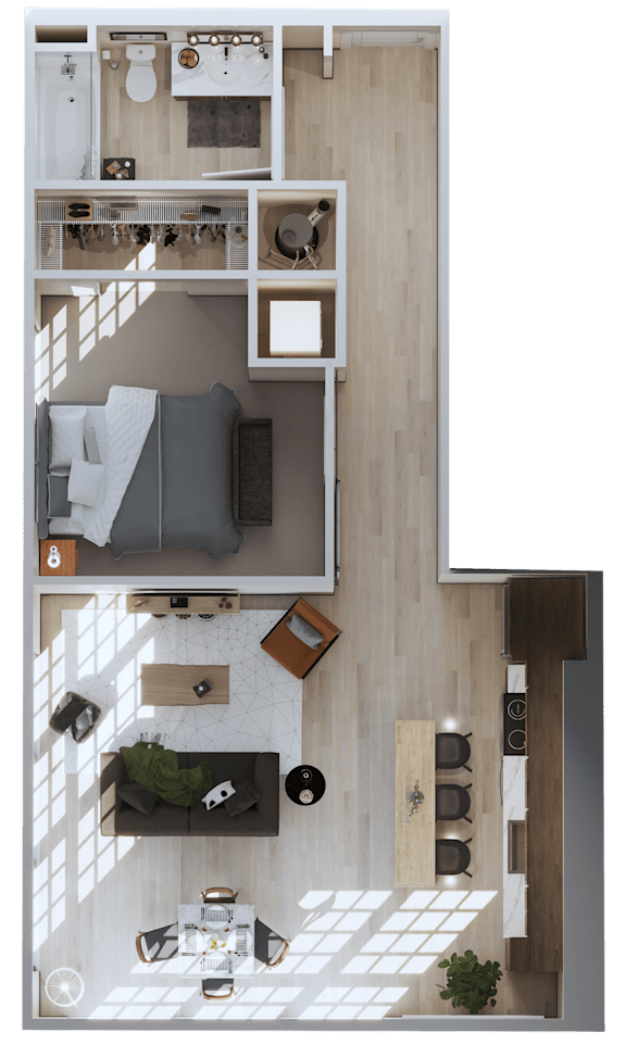 A top-down view of a living room with a couch, coffee table, and a dining area.