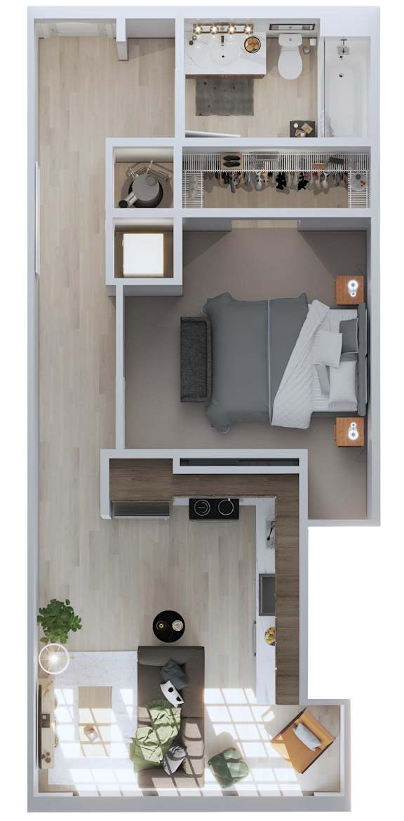 A top-down view of a small apartment with a bed, desk, and kitchenette.