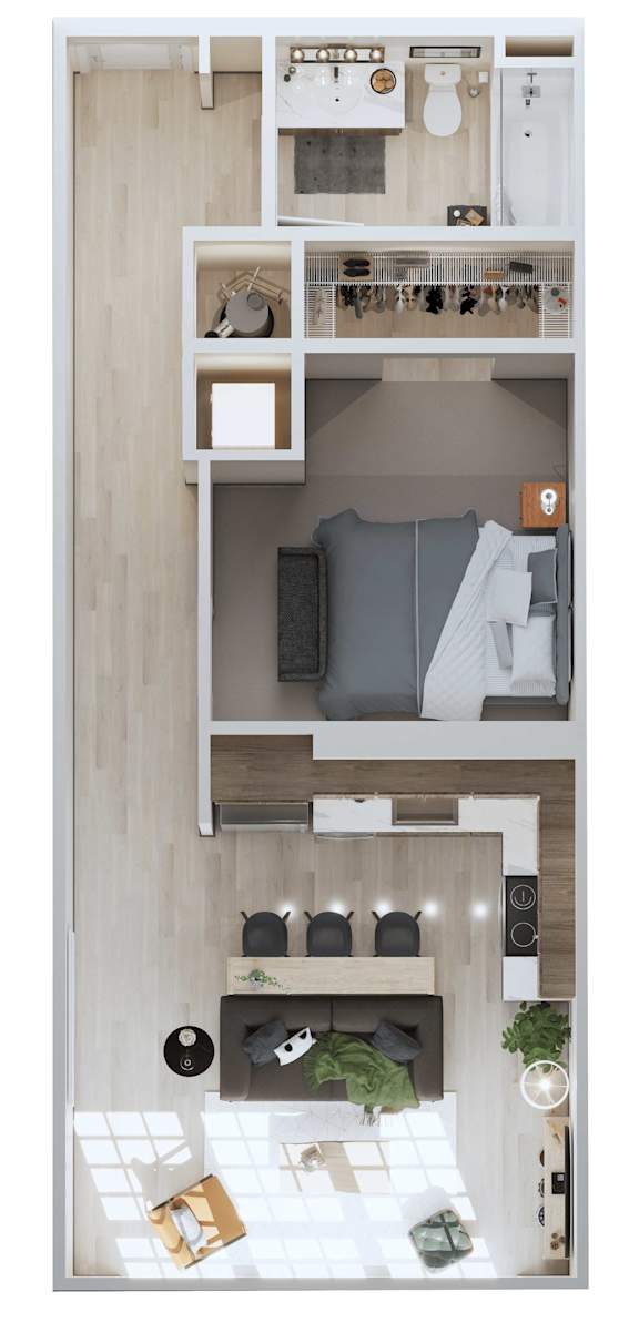 A top-down view of a small apartment with a bed, a couch, and a kitchenette.