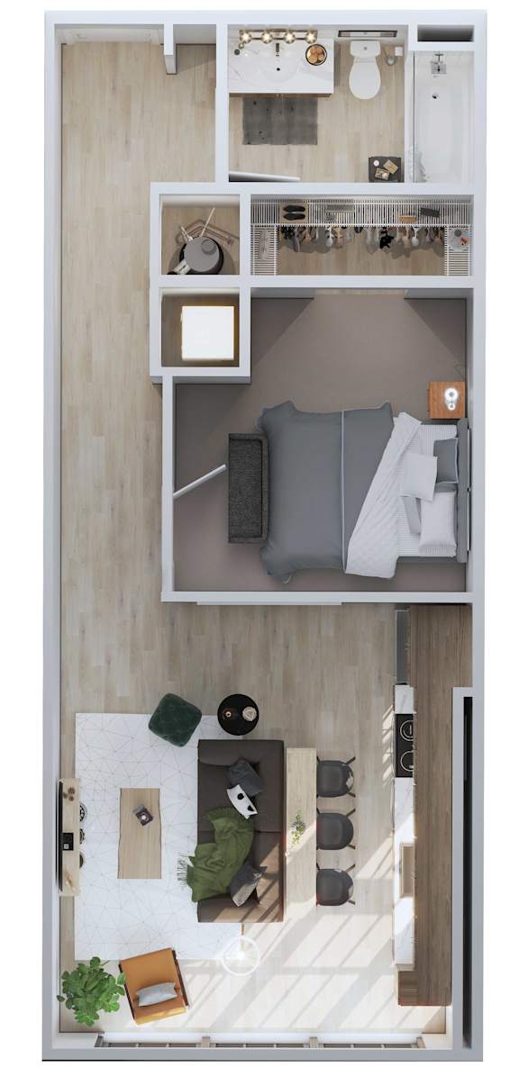 A top-down view of a small apartment with a bed, a couch, a table, and a chair.