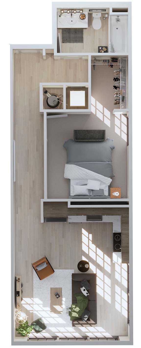 A small room with a bed and a table.