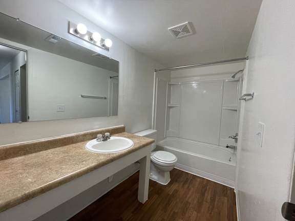 A bathroom with a sink, toilet, and shower.