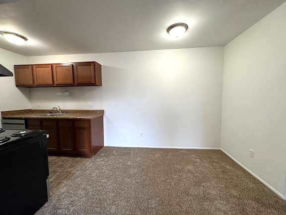Open studio with kitchenette and beige carpet at Charter Oaks Apartments, Davison, MI, 48423