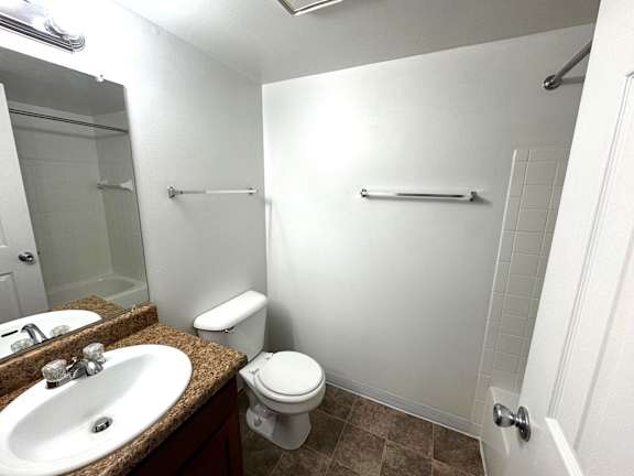 Accessible bathroom with granite vanity and grab bars at Charter Oaks Apartments, Davison, 48423