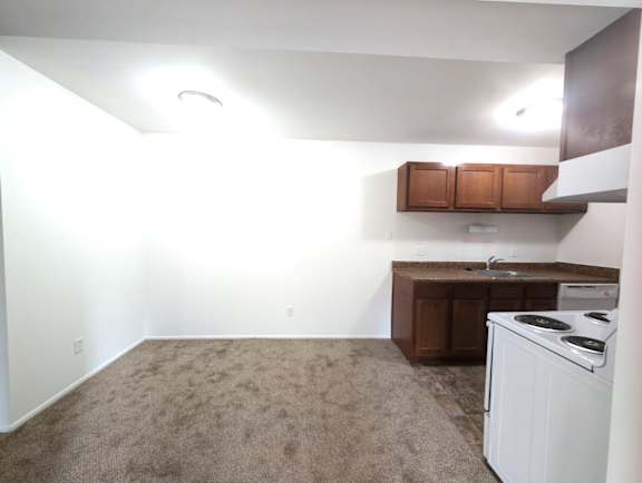 Studio apartment with kitchenette and tan carpet at Charter Oaks Apartments, Davison, Michigan