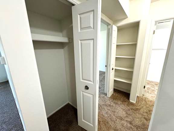 Walk-in closet with builtin shelving and open doorway at Charter Oaks Apartments, Davison, Michigan