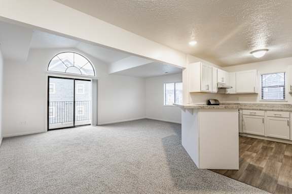 A spacious, empty room with a kitchenette and a large window with a view of a balcony